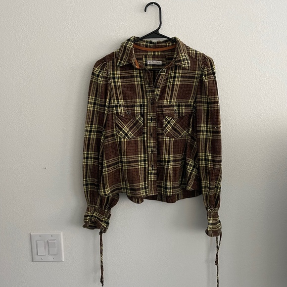 We The Free Tops - We The Free Women's Plaid Puff Sleeve Crop Top Flannel Brown Yellow XS